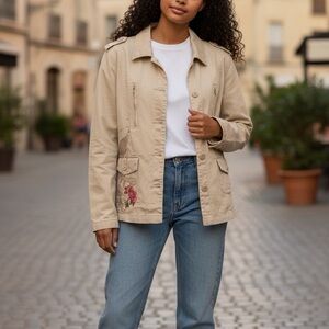 Rare/Vintage Disney Khaki Utility Jacket with Pink Floral Accent